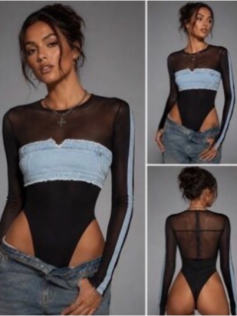 Manière De Voir Black Sheer Mesh Top with Denim Bandeau Panel- Size Small